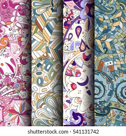 Set of tracery colorful seamless patterns. Curved doodling backgrounds for textile or printing with mehndi and ethnic motives. Vector.
