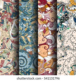 Set of tracery colorful seamless patterns. Curved doodling backgrounds for textile or printing with mehndi and ethnic motives. Vector.