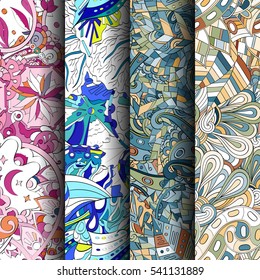 Set of tracery colorful seamless patterns. Curved doodling backgrounds for textile or printing with mehndi and ethnic motives. Vector.