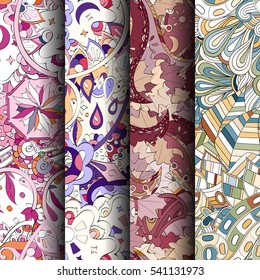Set of tracery colorful seamless patterns. Curved doodling backgrounds for textile or printing with mehndi and ethnic motives. Vector.