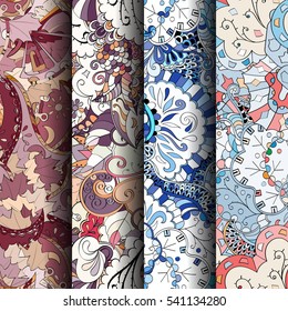 Set of tracery colorful seamless patterns. Curved doodling backgrounds for textile or printing with mehndi and ethnic motives. Vector.
