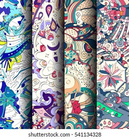 Set of tracery colorful seamless patterns. Curved doodling backgrounds for textile or printing with mehndi and ethnic motives. Vector.