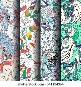 Set of tracery colorful seamless patterns. Curved doodling backgrounds for textile or printing with mehndi and ethnic motives. Vector.