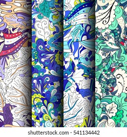 Set of tracery colorful seamless patterns. Curved doodling backgrounds for textile or printing with mehndi and ethnic motives. Vector.