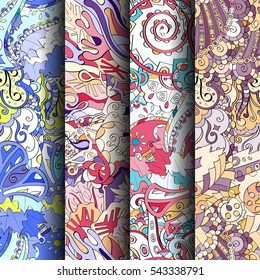 Set of tracery colorful seamless patterns. Curved doodling backgrounds for textile or printing with mehndi and ethnic motives. Vector.