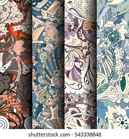 Set of tracery colorful seamless patterns. Curved doodling backgrounds for textile or printing with mehndi and ethnic motives. Vector.