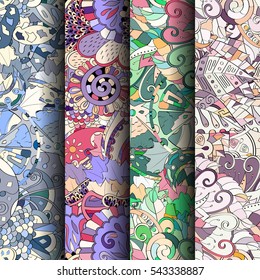 Set of tracery colorful seamless patterns. Curved doodling backgrounds for textile or printing with mehndi and ethnic motives. Vector.