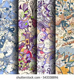 Set of tracery colorful seamless patterns. Curved doodling backgrounds for textile or printing with mehndi and ethnic motives. Vector.