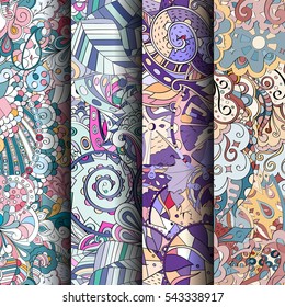 Set of tracery colorful seamless patterns. Curved doodling backgrounds for textile or printing with mehndi and ethnic motives. Vector.