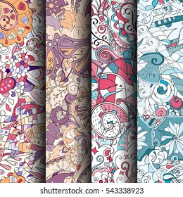 Set of tracery colorful seamless patterns. Curved doodling backgrounds for textile or printing with mehndi and ethnic motives. Vector.