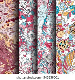 Set of tracery colorful seamless patterns. Curved doodling backgrounds for textile or printing with mehndi and ethnic motives. Vector.