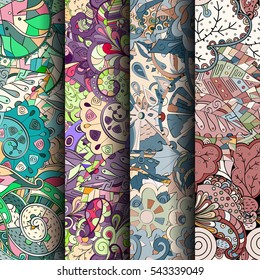 Set of tracery colorful seamless patterns. Curved doodling backgrounds for textile or printing with mehndi and ethnic motives. Vector.