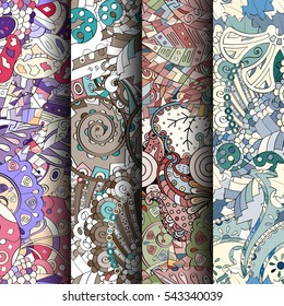Set of tracery colorful seamless patterns. Curved doodling backgrounds for textile or printing with mehndi and ethnic motives. Vector.