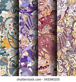 Set of tracery colorful seamless patterns. Curved doodling backgrounds for textile or printing with mehndi and ethnic motives. Vector.
