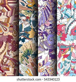 Set of tracery colorful seamless patterns. Curved doodling backgrounds for textile or printing with mehndi and ethnic motives. Vector.