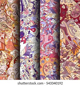 Set of tracery colorful seamless patterns. Curved doodling backgrounds for textile or printing with mehndi and ethnic motives. Vector.