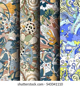 Set of tracery colorful seamless patterns. Curved doodling backgrounds for textile or printing with mehndi and ethnic motives. Vector.