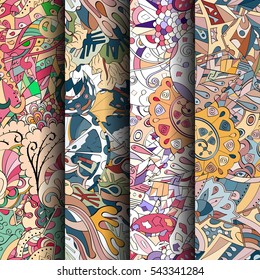 Set of tracery colorful seamless patterns. Curved doodling backgrounds for textile or printing with mehndi and ethnic motives. Vector.