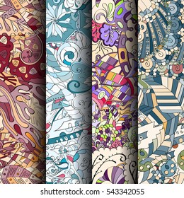 Set of tracery colorful seamless patterns. Curved doodling backgrounds for textile or printing with mehndi and ethnic motives. Vector.