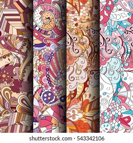 Set of tracery colorful seamless patterns. Curved doodling backgrounds for textile or printing with mehndi and ethnic motives. Vector.