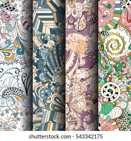 Set of tracery colorful seamless patterns. Curved doodling backgrounds for textile or printing with mehndi and ethnic motives. Vector.