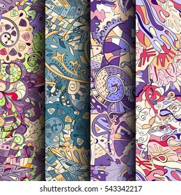 Set of tracery colorful seamless patterns. Curved doodling backgrounds for textile or printing with mehndi and ethnic motives. Vector.
