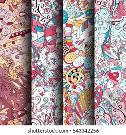Set of tracery colorful seamless patterns. Curved doodling backgrounds for textile or printing with mehndi and ethnic motives. Vector.