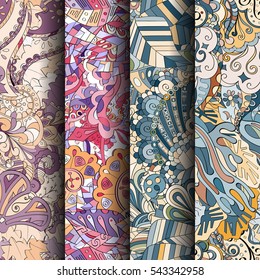 Set of tracery colorful seamless patterns. Curved doodling backgrounds for textile or printing with mehndi and ethnic motives. Vector.