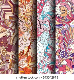 Set of tracery colorful seamless patterns. Curved doodling backgrounds for textile or printing with mehndi and ethnic motives. Vector.