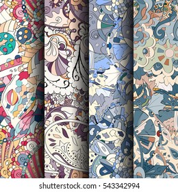 Set of tracery colorful seamless patterns. Curved doodling backgrounds for textile or printing with mehndi and ethnic motives. Vector.
