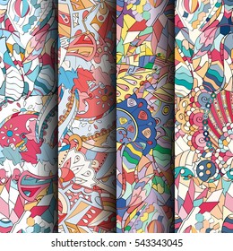 Set of tracery colorful seamless patterns. Curved doodling backgrounds for textile or printing with mehndi and ethnic motives. Vector.