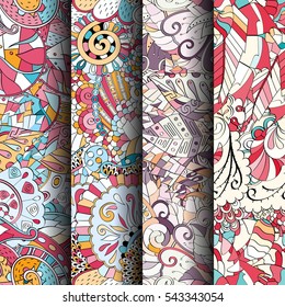 Set of tracery colorful seamless patterns. Curved doodling backgrounds for textile or printing with mehndi and ethnic motives. Vector.
