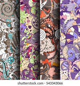 Set of tracery colorful seamless patterns. Curved doodling backgrounds for textile or printing with mehndi and ethnic motives. Vector.