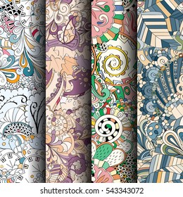 Set of tracery colorful seamless patterns. Curved doodling backgrounds for textile or printing with mehndi and ethnic motives. Vector.