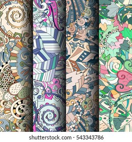 Set of tracery colorful seamless patterns. Curved doodling backgrounds for textile or printing with mehndi and ethnic motives. Vector.