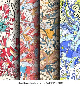 Set of tracery colorful seamless patterns. Curved doodling backgrounds for textile or printing with mehndi and ethnic motives. Vector.