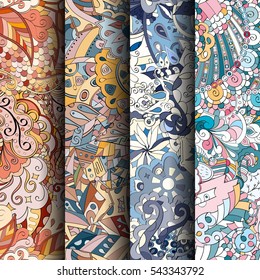 Set of tracery colorful seamless patterns. Curved doodling backgrounds for textile or printing with mehndi and ethnic motives. Vector.