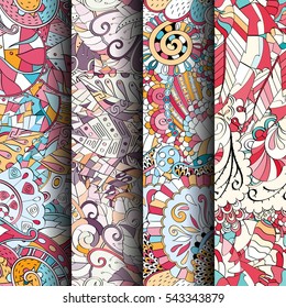 Set of tracery colorful seamless patterns. Curved doodling backgrounds for textile or printing with mehndi and ethnic motives. Vector.