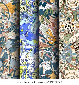 Set of tracery colorful seamless patterns. Curved doodling backgrounds for textile or printing with mehndi and ethnic motives. Vector.