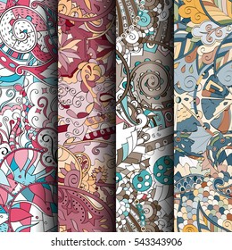 Set of tracery colorful seamless patterns. Curved doodling backgrounds for textile or printing with mehndi and ethnic motives. Vector.