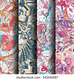 Set of tracery colorful seamless patterns. Curved doodling backgrounds for textile or printing with mehndi and ethnic motives. Vector.