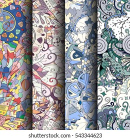 Set of tracery colorful seamless patterns. Curved doodling backgrounds for textile or printing with mehndi and ethnic motives. Vector.