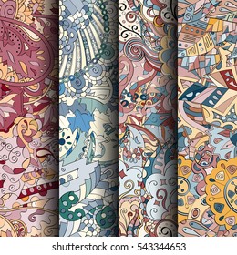 Set of tracery colorful seamless patterns. Curved doodling backgrounds for textile or printing with mehndi and ethnic motives. Vector.