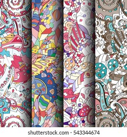 Set of tracery colorful seamless patterns. Curved doodling backgrounds for textile or printing with mehndi and ethnic motives. Vector.