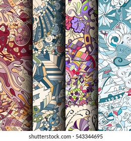 Set of tracery colorful seamless patterns. Curved doodling backgrounds for textile or printing with mehndi and ethnic motives. Vector.