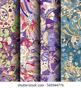 Set of tracery colorful seamless patterns. Curved doodling backgrounds for textile or printing with mehndi and ethnic motives. Vector.