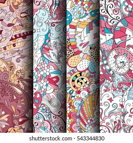 Set of tracery colorful seamless patterns. Curved doodling backgrounds for textile or printing with mehndi and ethnic motives. Vector.