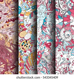 Set of tracery colorful seamless patterns. Curved doodling backgrounds for textile or printing with mehndi and ethnic motives. Vector.