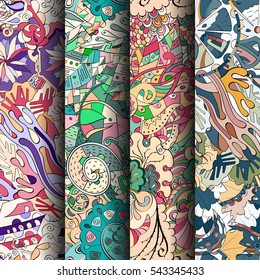 Set of tracery colorful seamless patterns. Curved doodling backgrounds for textile or printing with mehndi and ethnic motives. Vector.