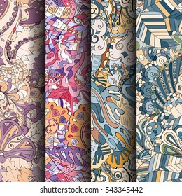 Set of tracery colorful seamless patterns. Curved doodling backgrounds for textile or printing with mehndi and ethnic motives. Vector.